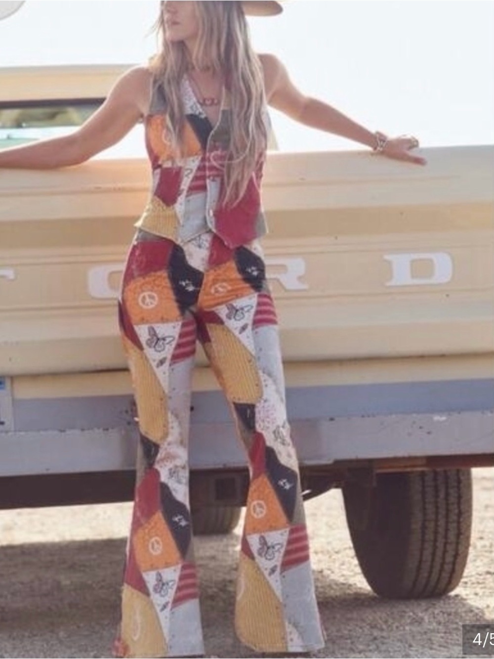 Wrangler by Lainey Wilson Patchwork Flare Jeans in Red, Yellow, Black & Cream